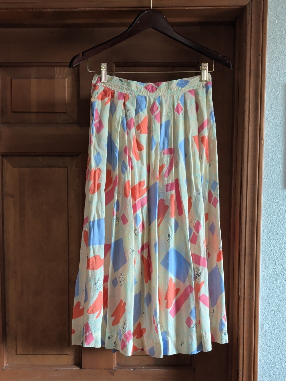 Vintage Light Cream Geometric Print Pleated Midi Skirt